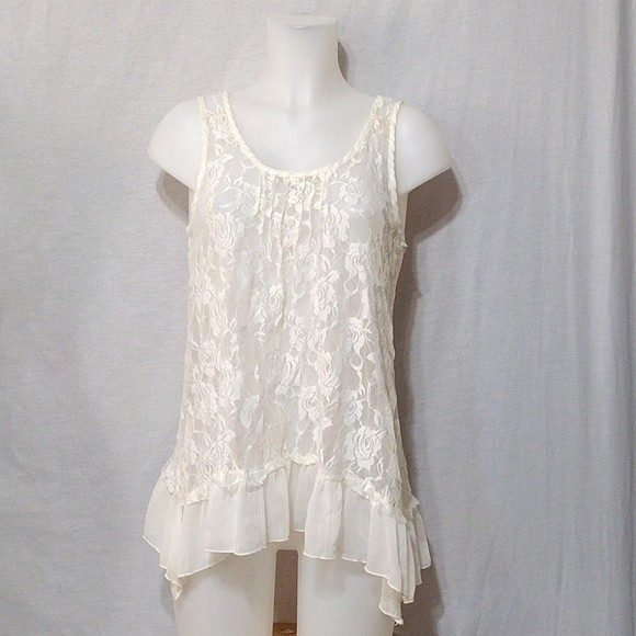 Lapis Anthropologie Sleeveless Floral Lace Sheer Ruffled Hem Tank Top Medium - Picture 1 of 4